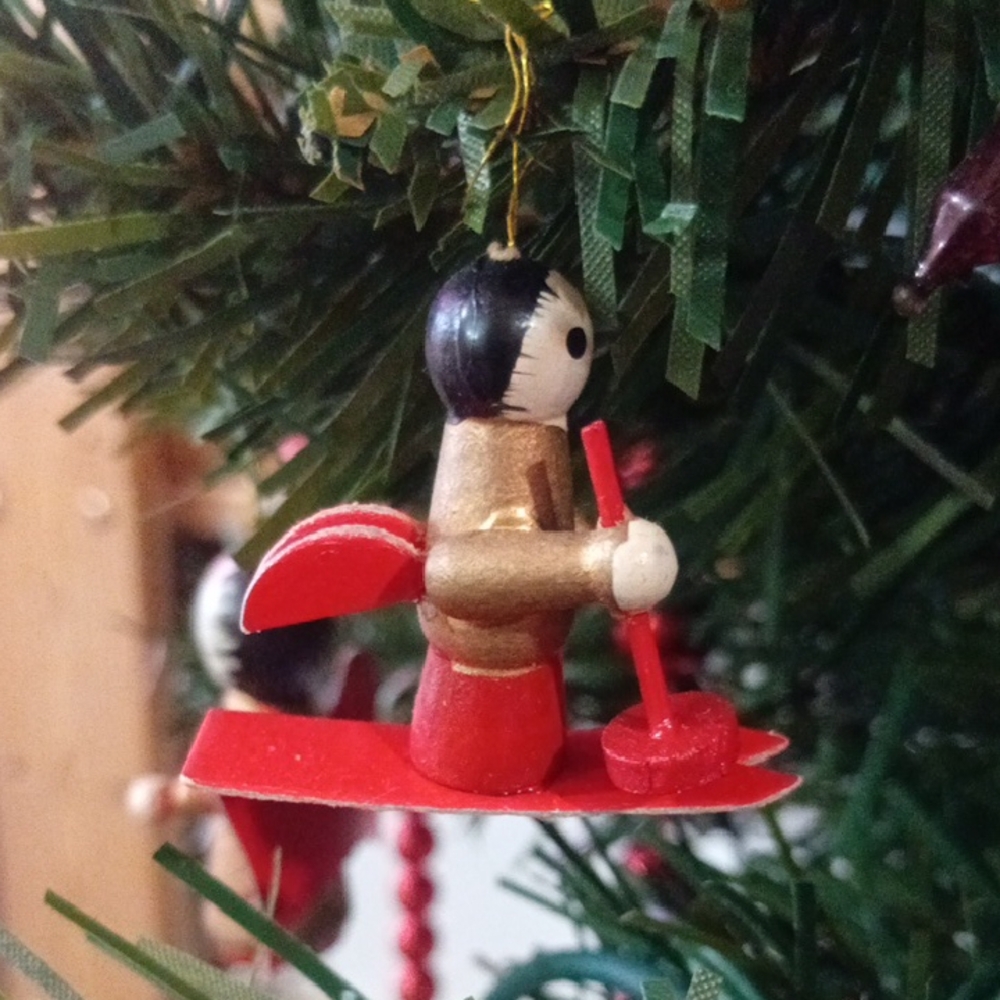 Vintage Red and Gold Skier Holiday Ornament